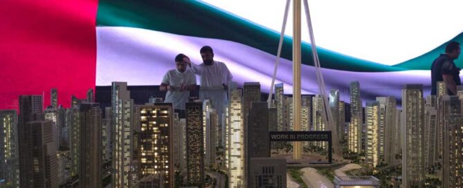 Valia tower highlighted on the Dubai Creek Harbour master plan beside Dubai Square Mall.