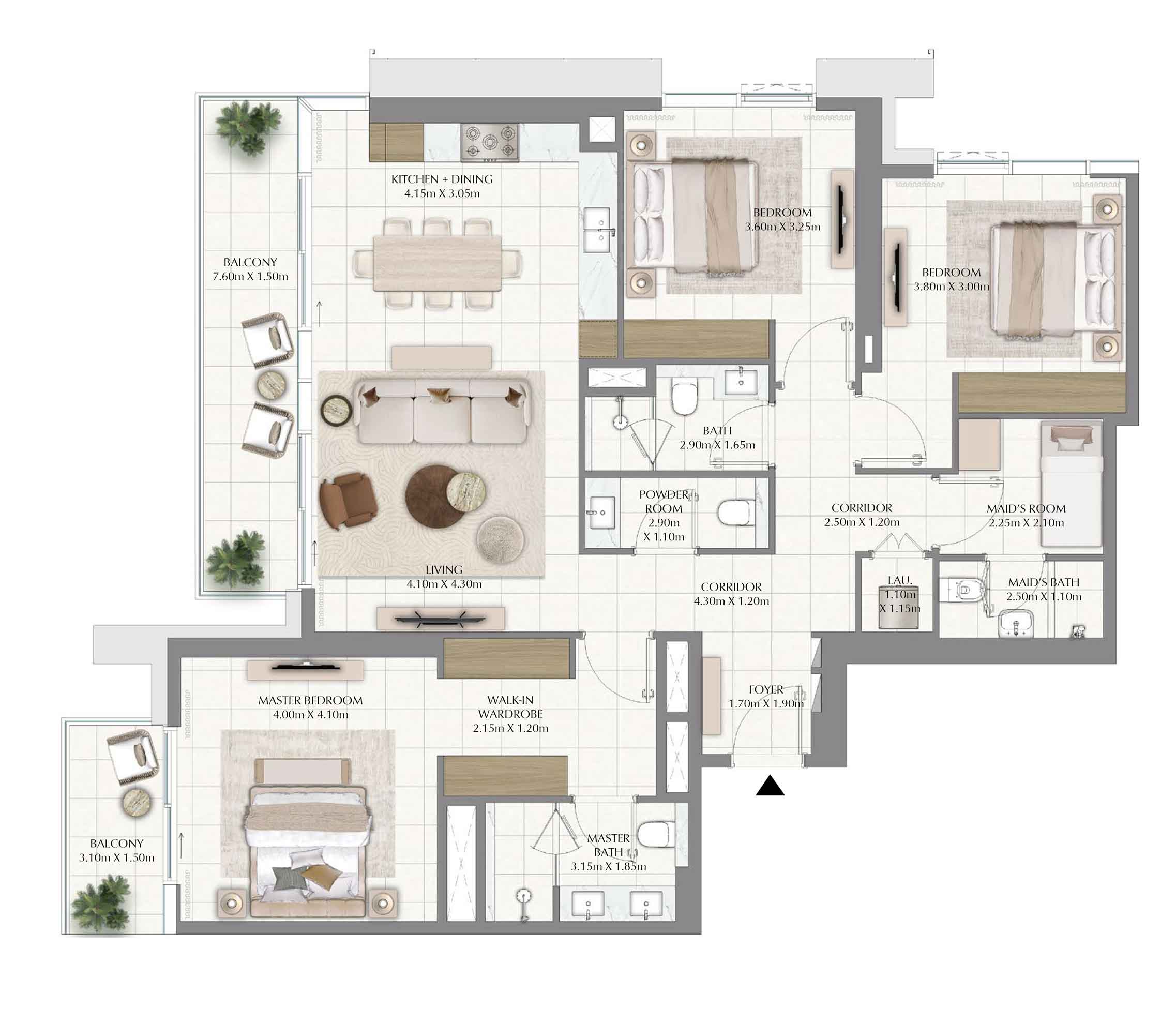 3bedroom apartment layout come in 4 distinct layouts in EMAAR Valia tower DCH
